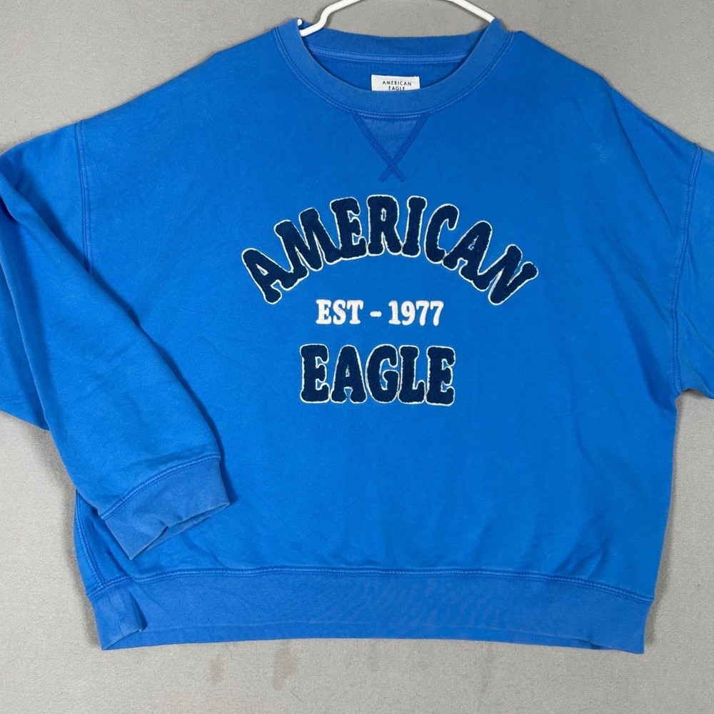 American Eagle Sweatshirt Womens Large Blue Chenille Logo Graphic Pullover EUC